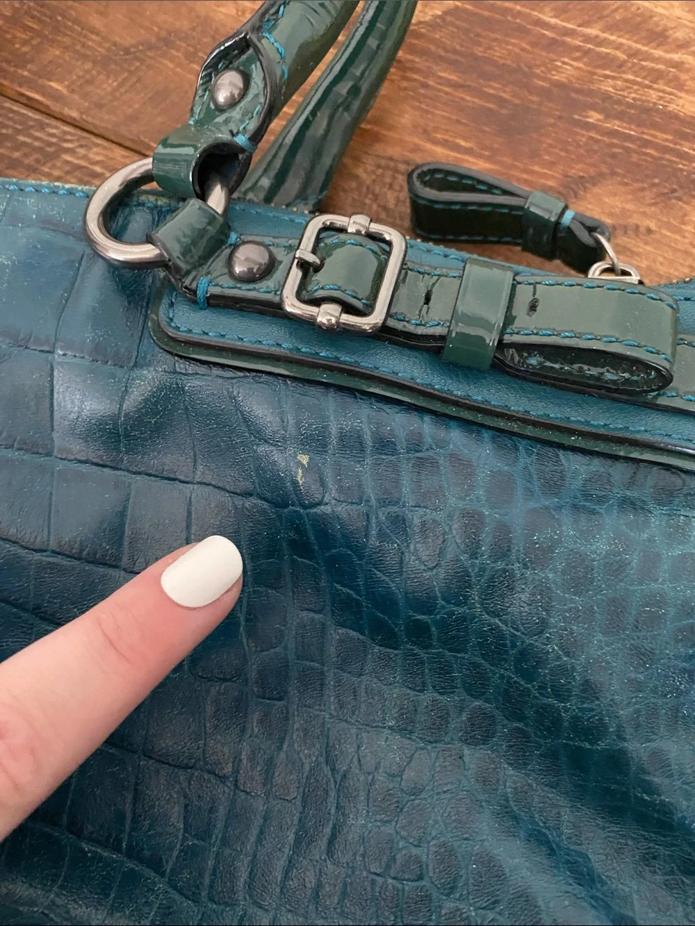 Coach Teal Croc-Embossed Leather Shoulder Bag with Dark Green Trim